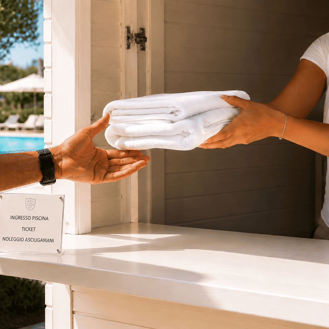 Particolare del bancone del Chiosco Miami Apper Italia con operatrice che consegna asciugamani agli ospiti della piscina.