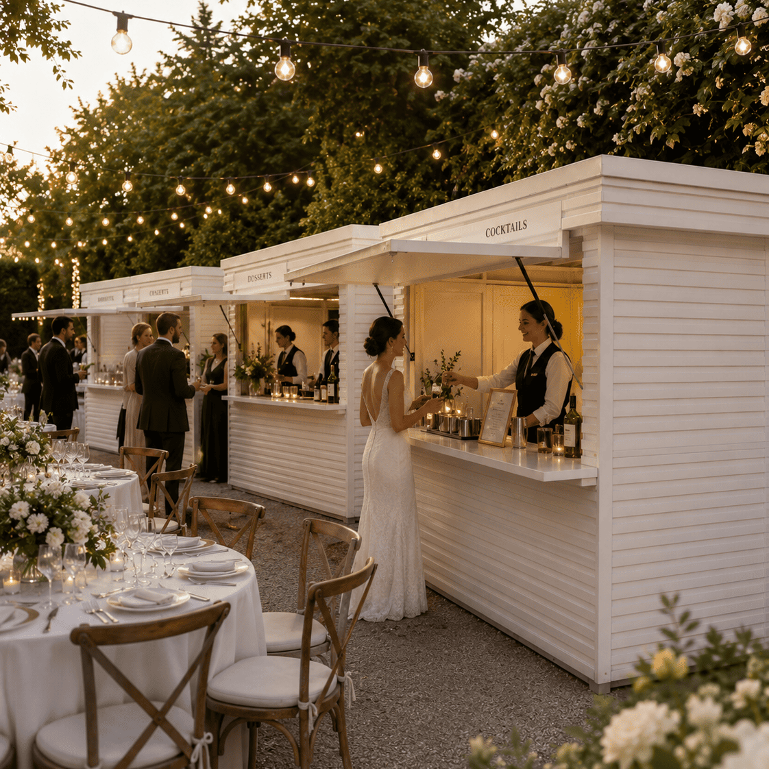 Chioschi Miami Apper Italia allestiti come cocktail bar, dessert bar e punti catering durante un elegante matrimonio all’aperto.