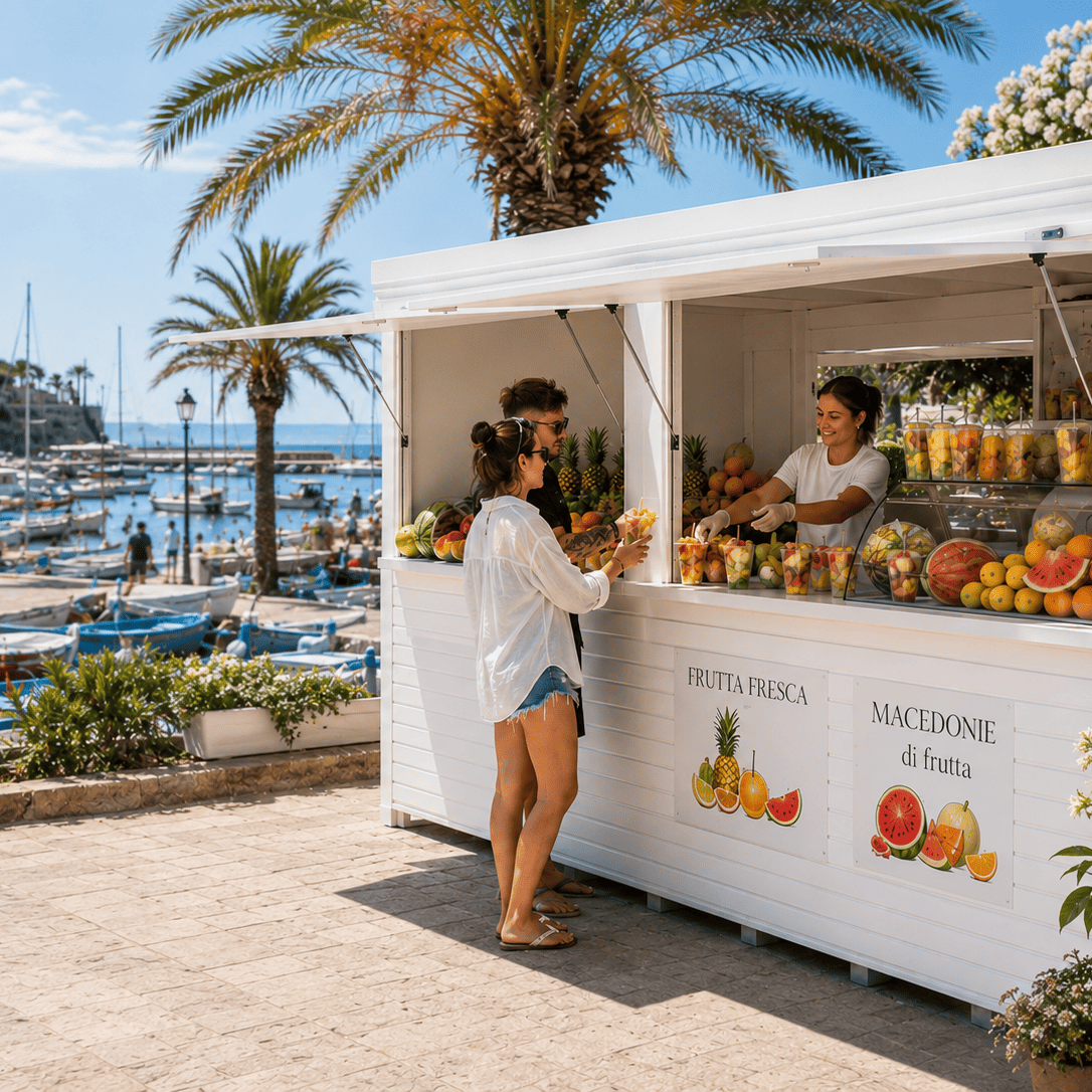 Chiosco Miami Apper Italia in legno bianco utilizzato per la vendita di frutta fresca e macedonie in una località turistica sul mare, soluzione edillegno per attività commerciali outdoor.
