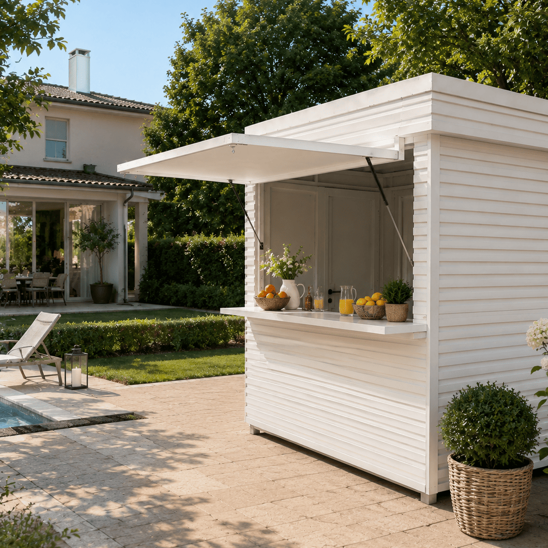 Chiosco Miami Apper Italia bianco inserito in un elegante giardino con piscina, attrezzato come punto ristoro per bevande fresche e servizio bar outdoor.