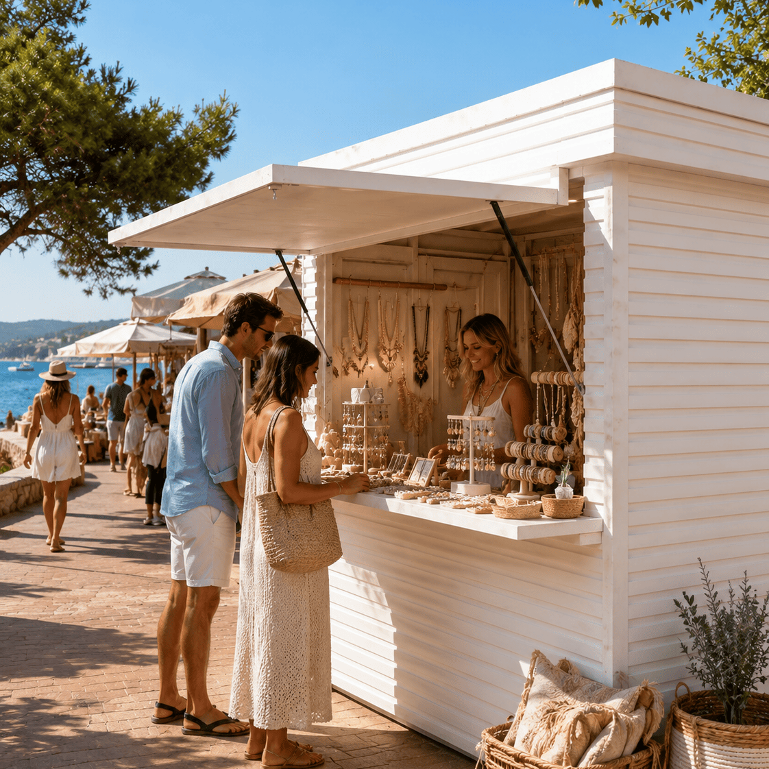 Chiosco Miami Apper Italia allestito per la vendita di gioielli, accessori e prodotti artigianali in un mercatino estivo sul mare.