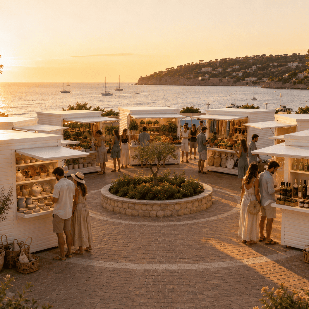 Area commerciale composta da più Chioschi Miami Apper Italia in legno bianco, allestiti per la vendita di ceramiche, prodotti tipici, abbigliamento, frutta e artigianato sul mare.