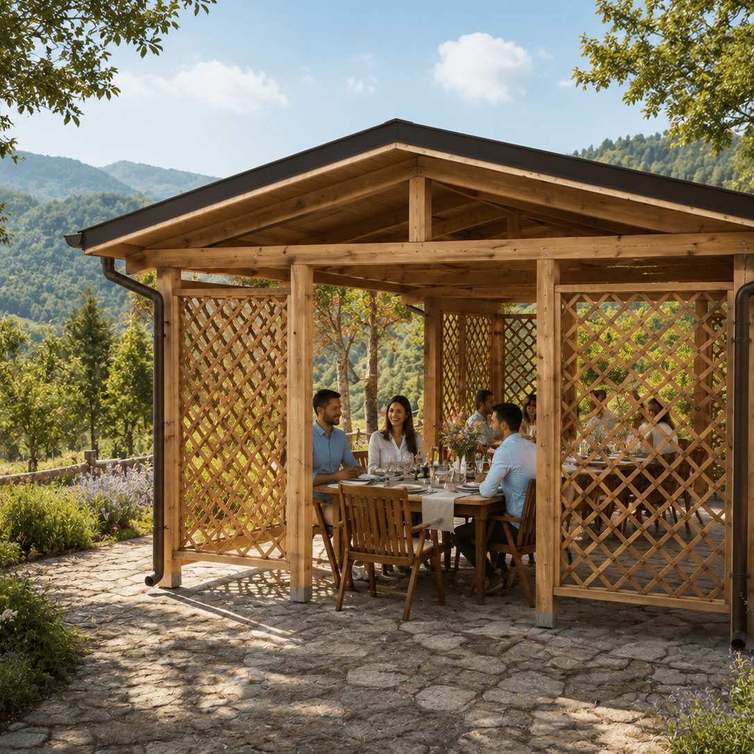 Gazebo in legno con grigliati laterali e tavoli da ristorante inserito in un paesaggio montano
