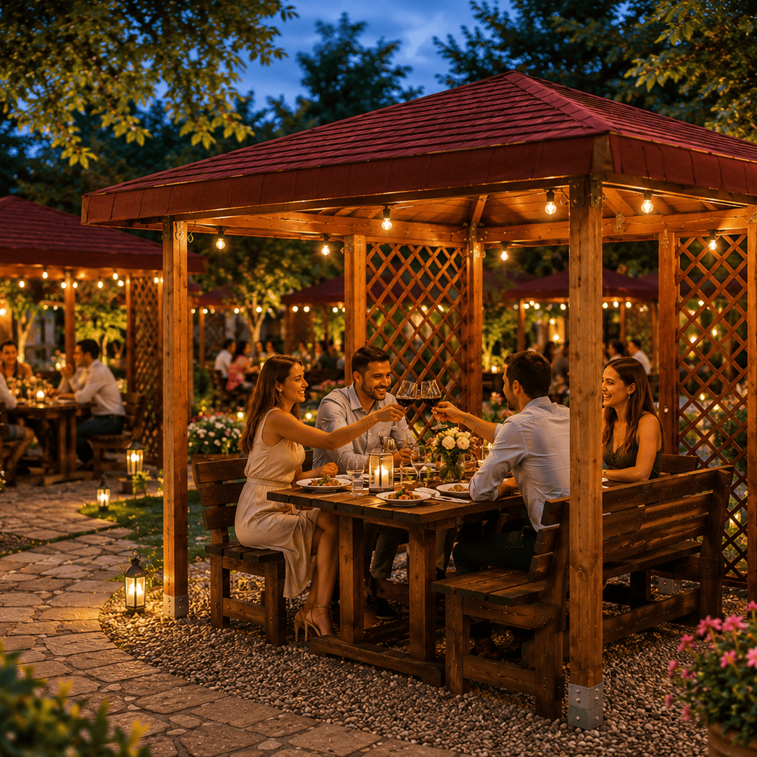 : Gazebi in legno illuminati allestiti con tavoli per un ristorante all’aperto durante la sera