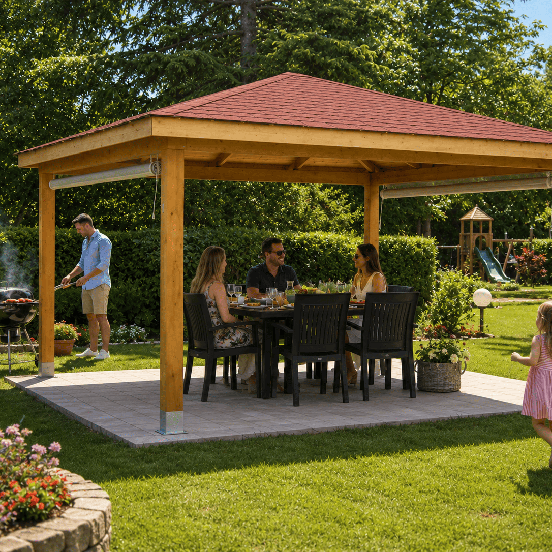 Gazebo in legno con copertura a padiglione, tavolo da pranzo e barbecue in un ampio giardino