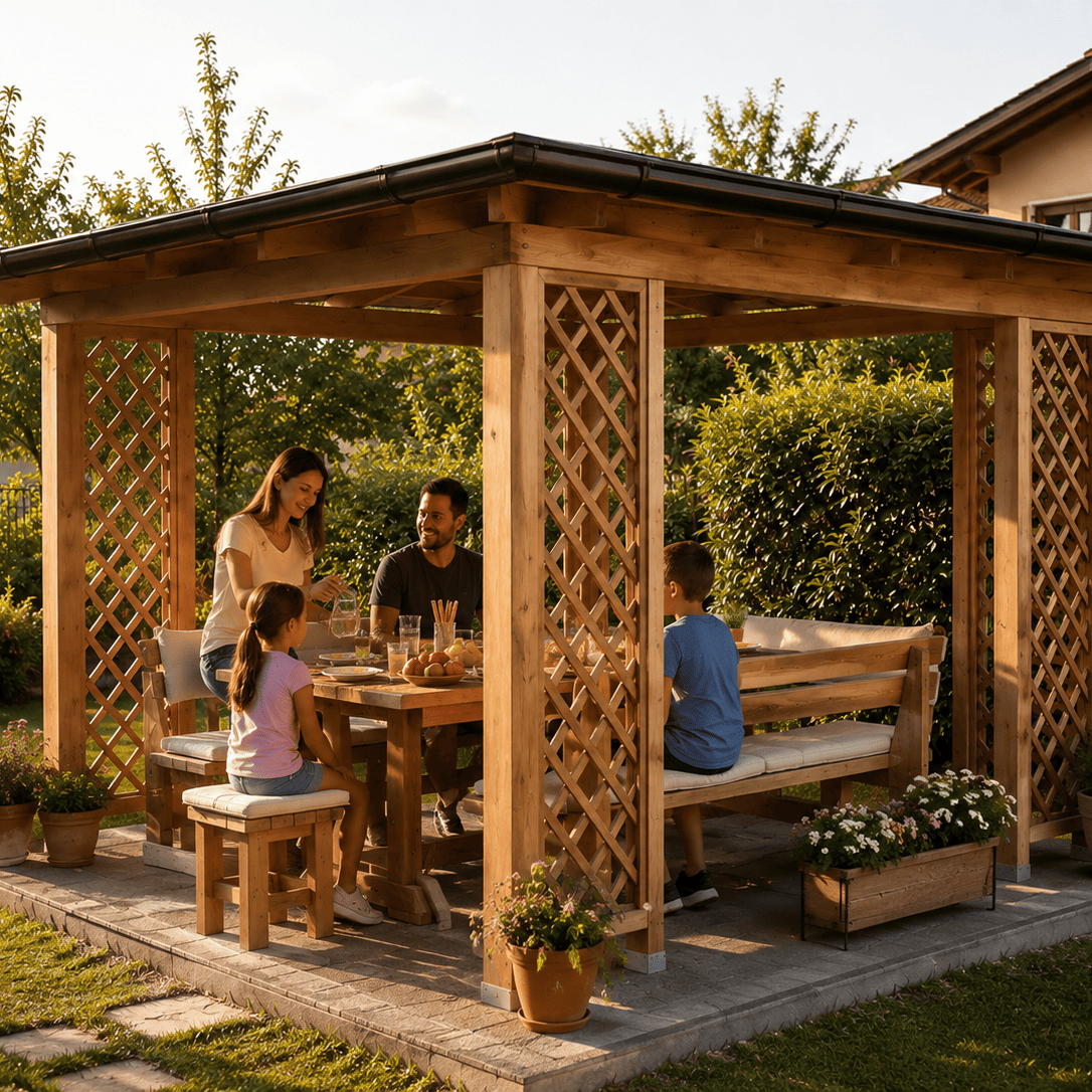 Gazebo in legno con grigliati laterali arredato per un pranzo in famiglia in giardino