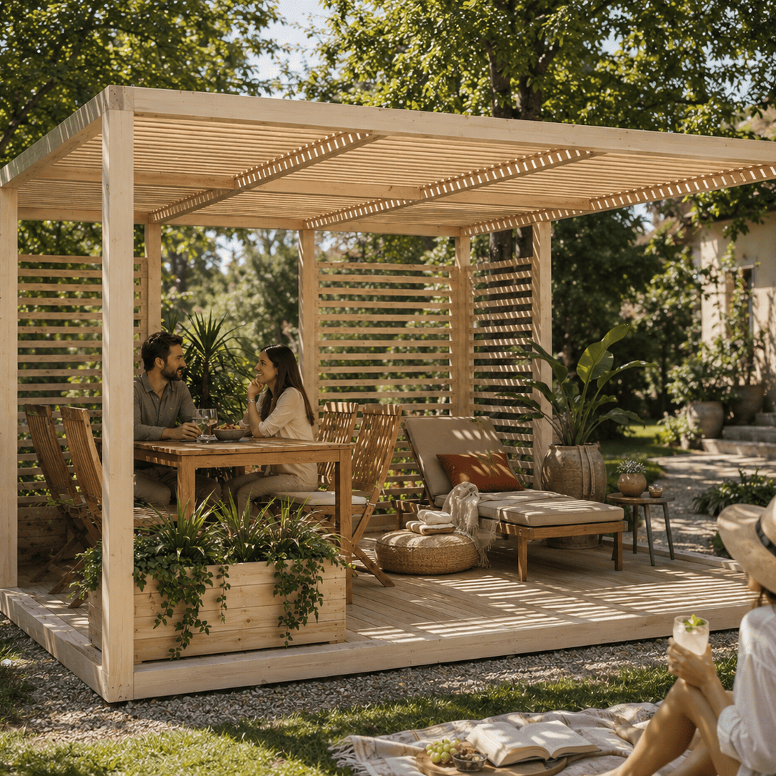 Pergola moderna in legno con copertura frangisole, tavolo da pranzo e lettino relax in giardino