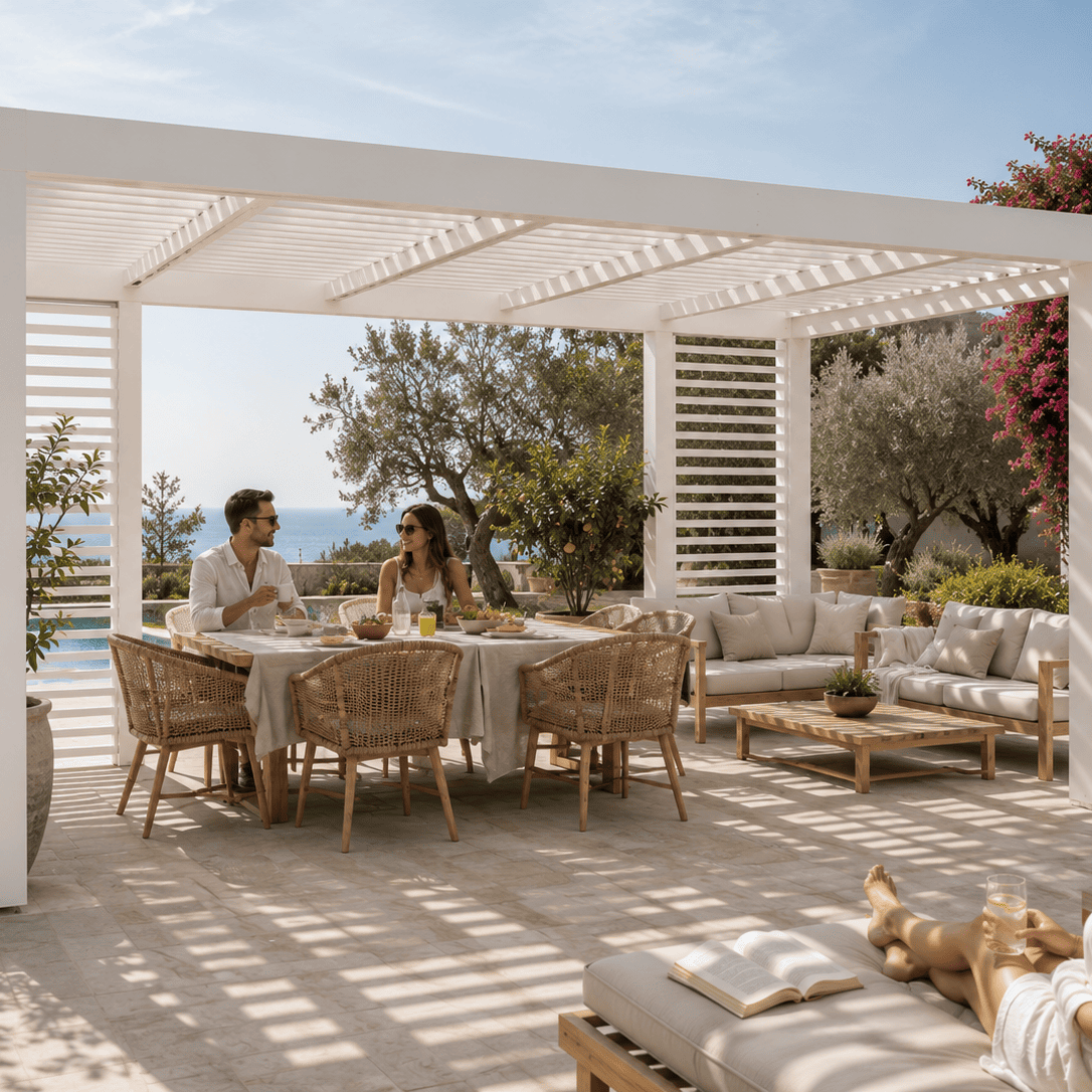 Pergola bianca con copertura frangisole, zona pranzo e salotto esterno vicino alla piscina
