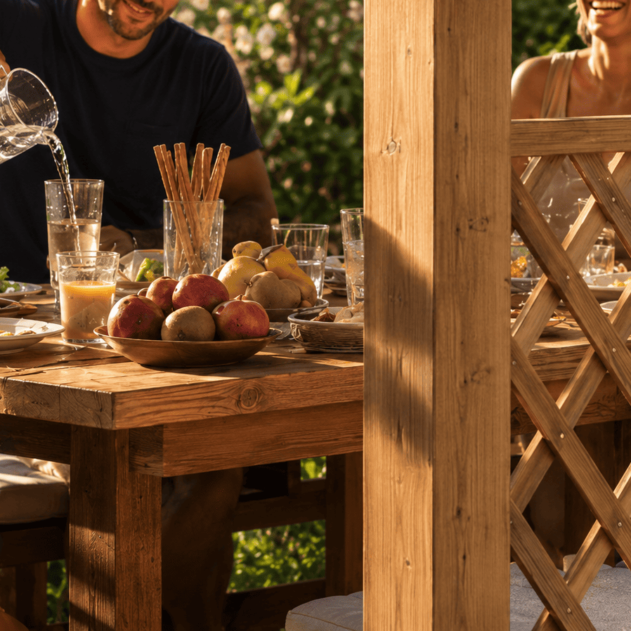 Dettaglio di una famiglia riunita a tavola sotto un gazebo in legno con grigliato decorativo