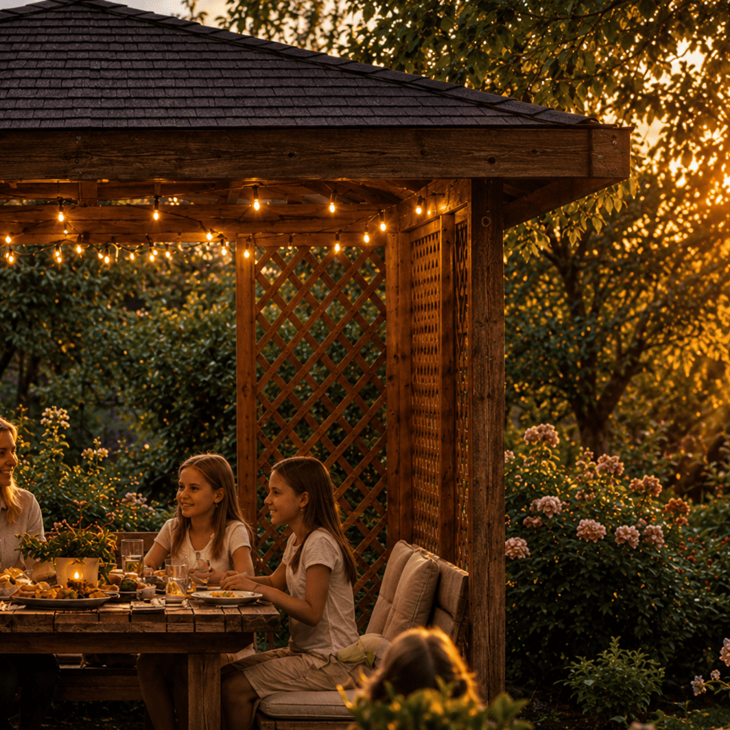 Gazebo in legno illuminato con lampadine decorative durante una cena in giardino al tramonto